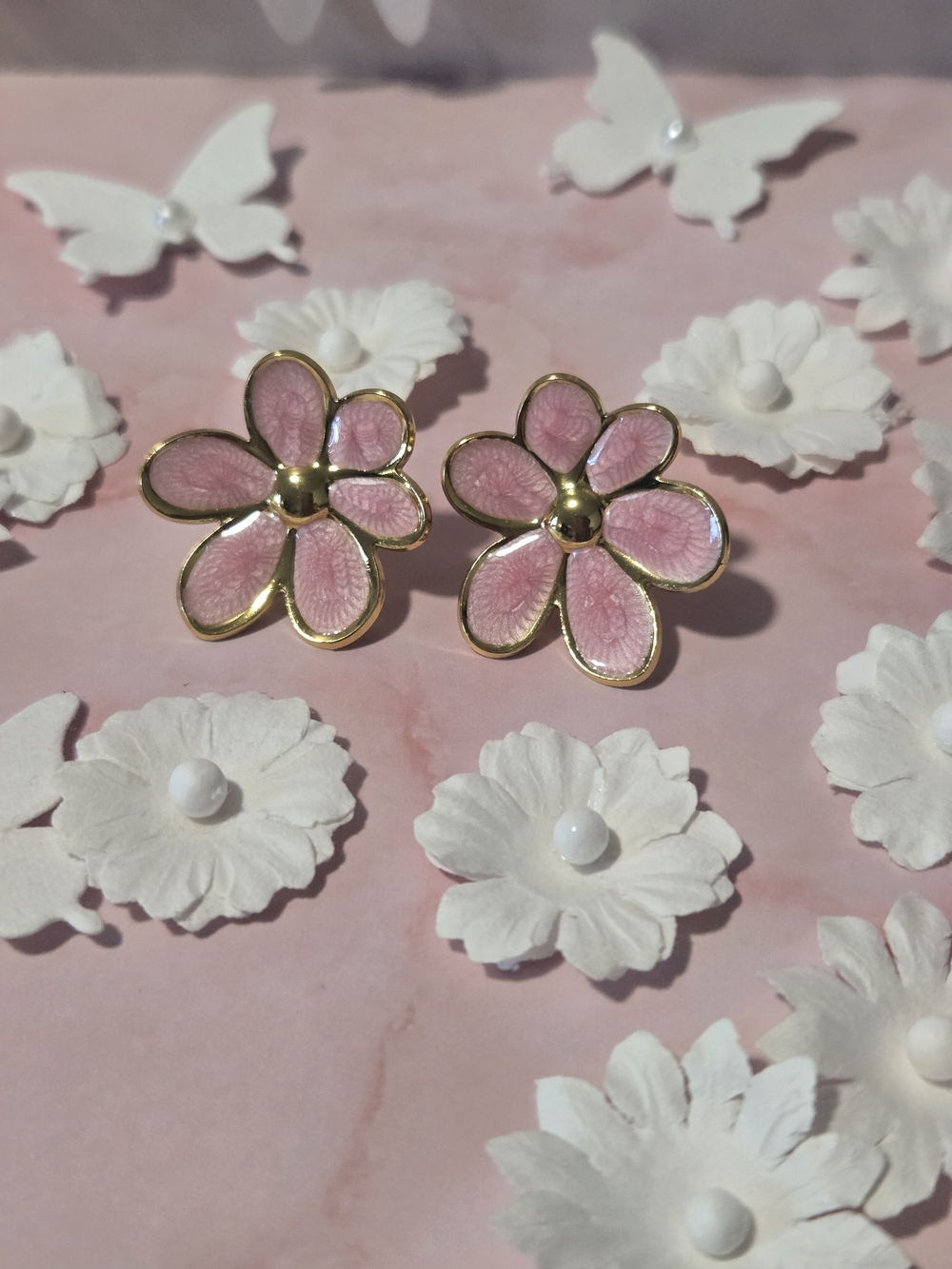 Get both pairs for only $10! Flower Stud Earrings - Gold Trim